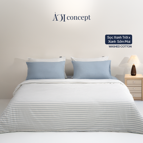  Bộ chăn ga gối 5 món Cotton Satin [ Washed sọc xanh trời x Xanh sớm mai] À ƠI CONCEPT GGCT0009 