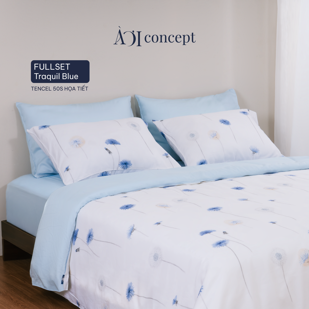 Bộ chăn ga gối 5 món Hoạ Tiết | Tencel 50s | Traquil Blue | À Ơi Concept