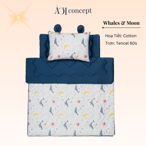 Bộ chăn gối nệm cho bé ( Mền lớn) Tencel 60s, Họa tiết Cotton [Whales & Moon ] 
