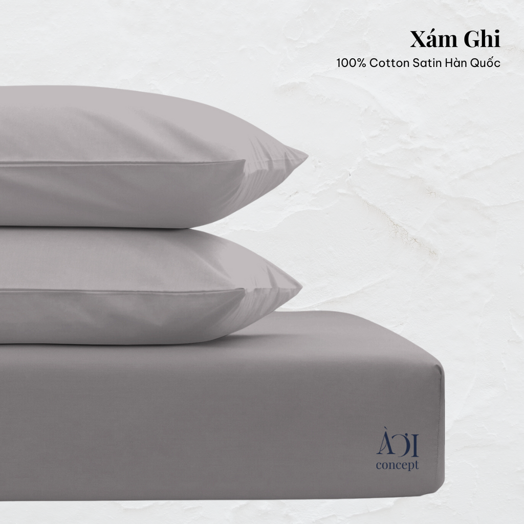 Combo 3 Ga Giường & Vỏ Gối | Cotton Satin | Xám Ghi