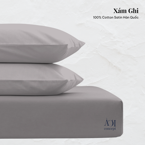  Combo 3 Ga Giường & Vỏ Gối | Cotton Satin | Xám Ghi 