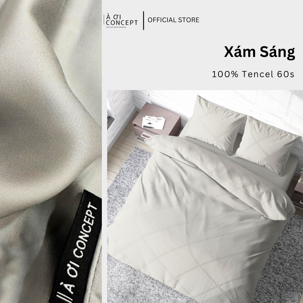 Bộ chăn ga gối Tencel Trơn | 5 món | 160x200cm, 180x200cm, 200x220cm | Xám Sáng | Mát lạnh, Mềm mịn, Trơn mướt | CGT0026 | À Ơi Concept