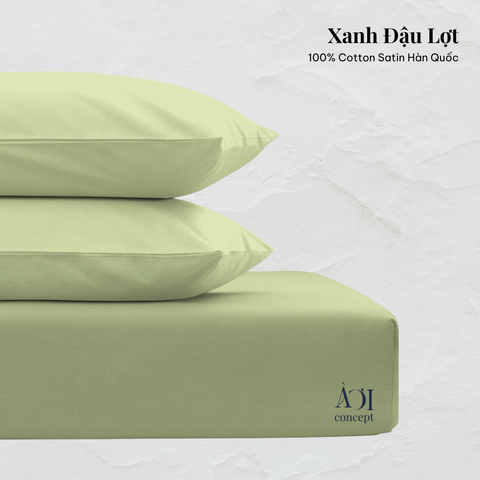  Combo 3 Ga Giường & Vỏ Gối | Cotton Satin | Xanh Đậu Lợt 