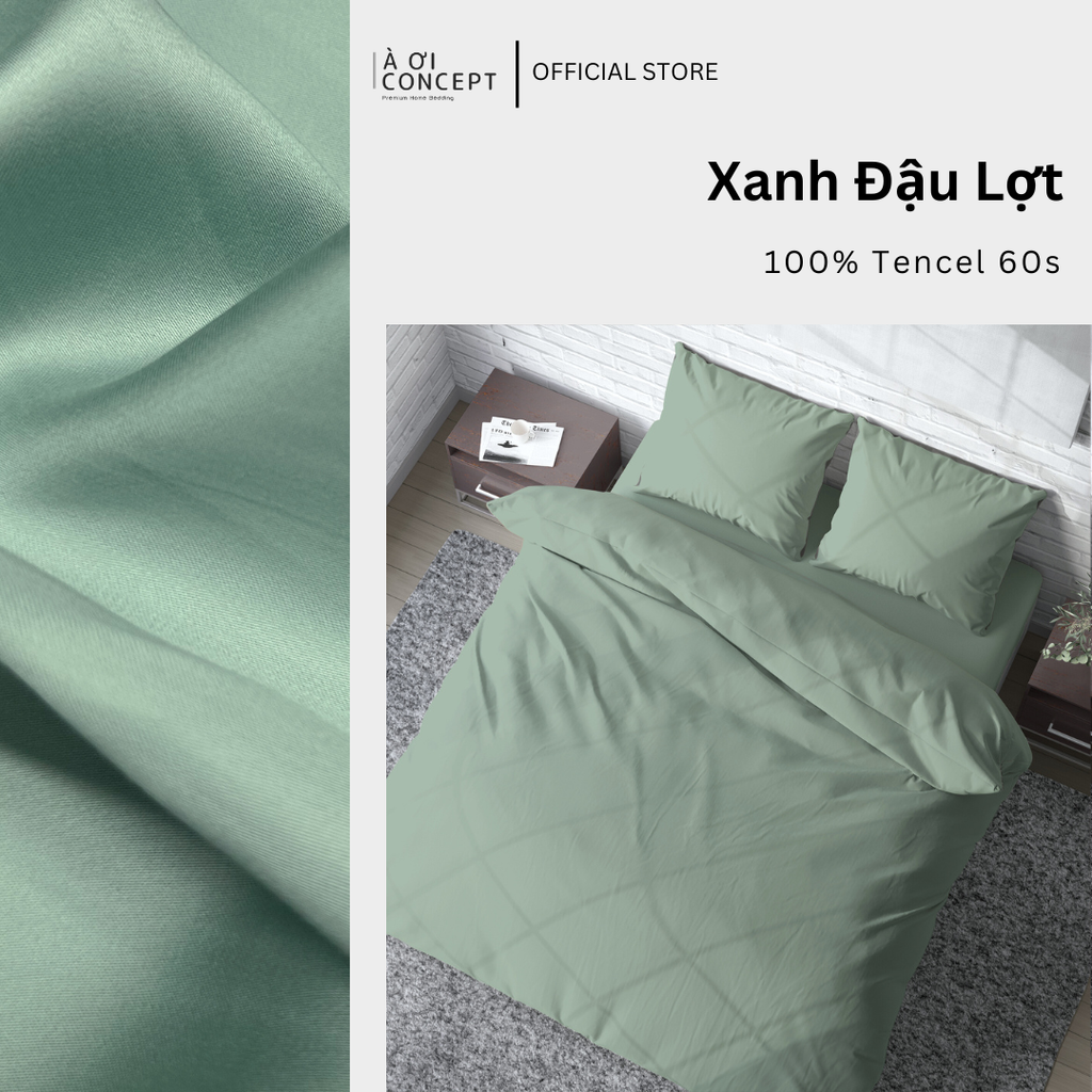 Bộ chăn ga gối Tencel Trơn | 5 món | 160x200cm, 180x200cm, 200x220cm | Xanh Đậu Lợt | Mát lạnh, Mềm mịn, Trơn mướt | CGT0024 | À Ơi Concept