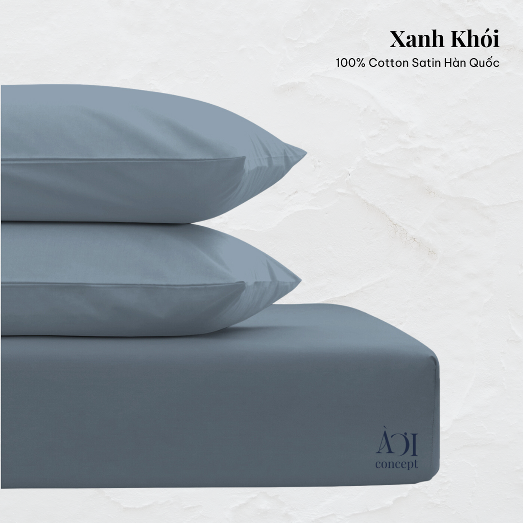 Combo 3 Ga Giường & Vỏ Gối | Cotton Satin | Xanh Khói