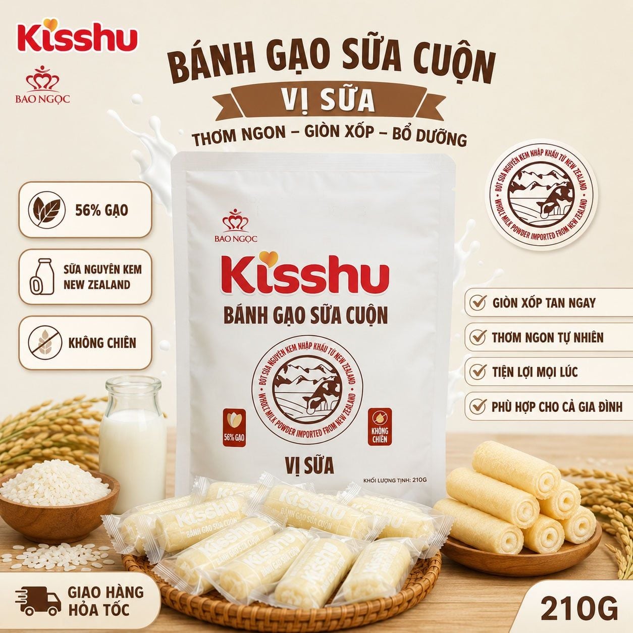 Bánh Gạo Sữa Cuộn Vị Sữa Kisshu Bảo Ngọc 210g