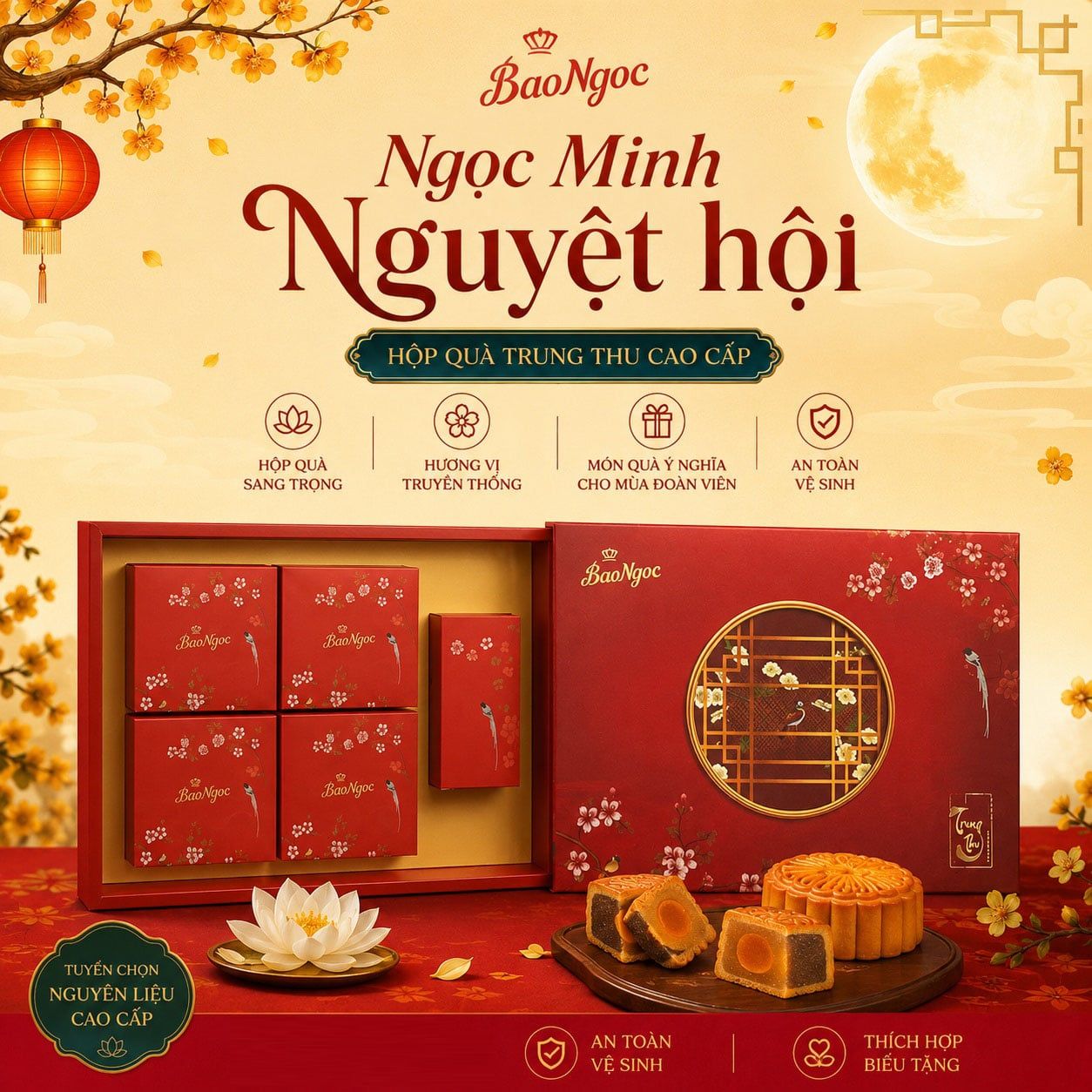 [Độc quyền online] Hộp 4 Bánh 1 Trà Trung Thu Bảo Ngọc Cao Cấp 