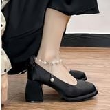  Giày Cao Gót Vuông 7 Phân Da Phối Lụa Satin Cao Cấp 180-5 