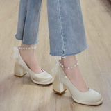  Giày Cao Gót Vuông 7 Phân Da Phối Lụa Satin Cao Cấp 180-5 