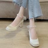  Giày Cao Gót Vuông 7 Phân Da Phối Lụa Satin Cao Cấp 180-5 