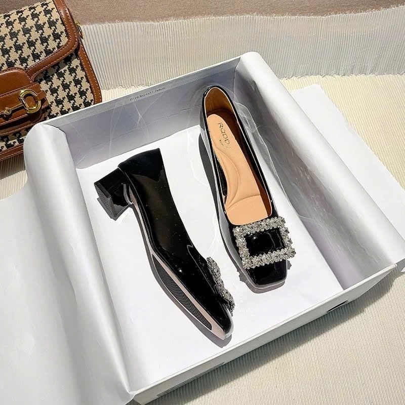  Giày Cao Gót 4 Phân Da Bóng Đính Đá Cao Cấp 1598-56 