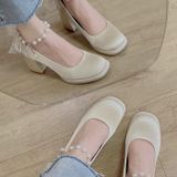  Giày Cao Gót Vuông 7 Phân Da Phối Lụa Satin Cao Cấp 180-5 