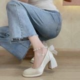  Giày Cao Gót Vuông 7 Phân Da Phối Lụa Satin Cao Cấp 180-5 