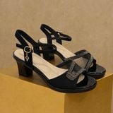  Giày Sandal  Cao Gót Trung Niên 6 phân Đính Đá Phối Lưới Cao Cấp 28372 