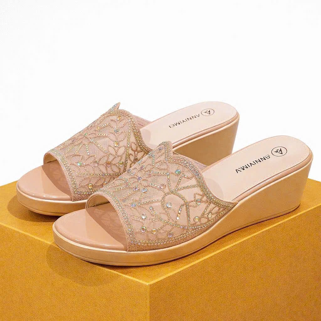  Dép Xuồng Trung Niên Cao Gót 5 phân Đính Đá Phối Lưới Cao Cấp Fullbox Hãng 7515 