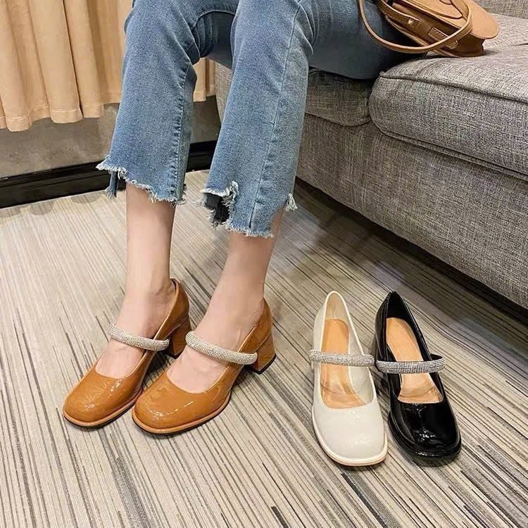  Giày Mary Jane Cao Gót 5 Phân Da Bóng Đính Đá Cao Cấp 0556-042 
