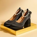  Giày Cao Gót Vuông 7 Phân Da Phối Lụa Satin Cao Cấp 180-5 