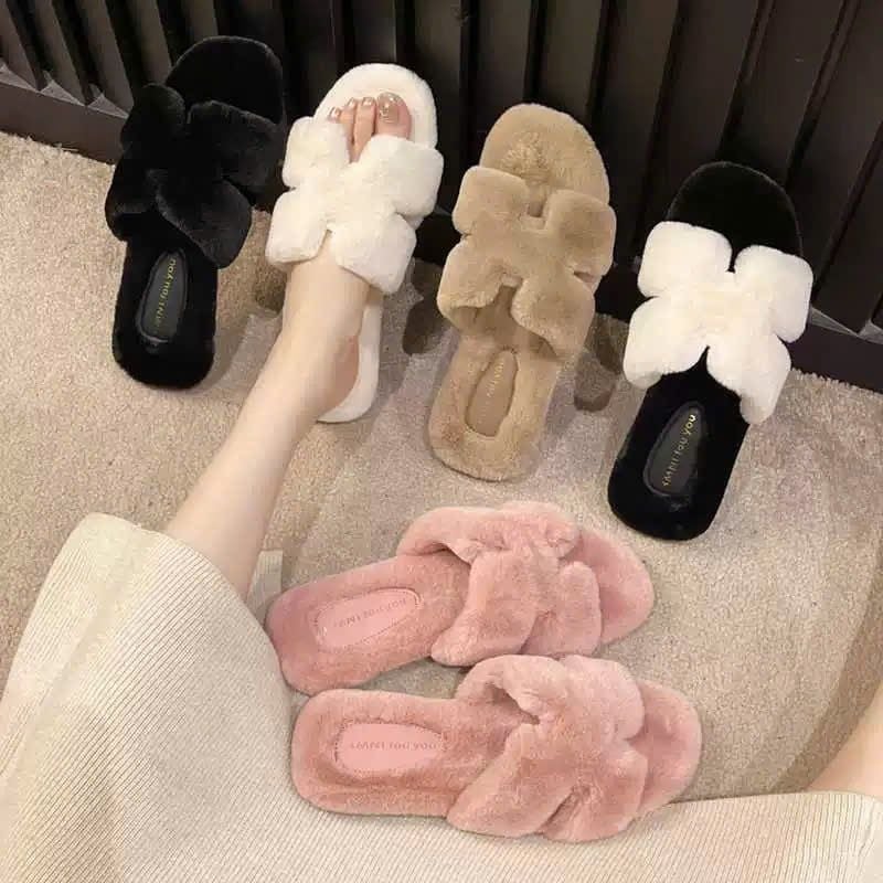  Dép Nữ Phối Lông Đế Bệt Chữ H Cao Cấp L666 