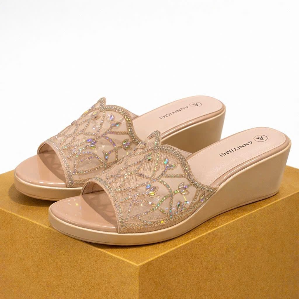  Dép Xuồng Trung Niên Cao Gót 5 phân Đính Đá Phối Lưới Cao Cấp Fullbox Hãng 7520 