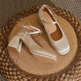  Giày Cao Gót Vuông 7 Phân Da Phối Lụa Satin Cao Cấp 180-3 