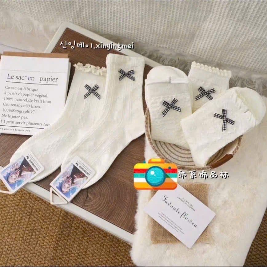  Tất Vớ Nữ Thể Thao Cổ Cao Họa Tiết Nơ 