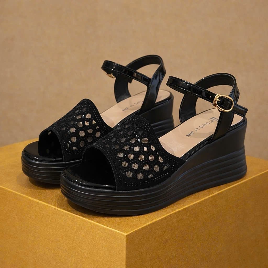  Giày Sandal Đế Xuồng Cao Gót Trung Niên 6 phân Đính Đá Phối Lưới Cao Cấp 2503-1 