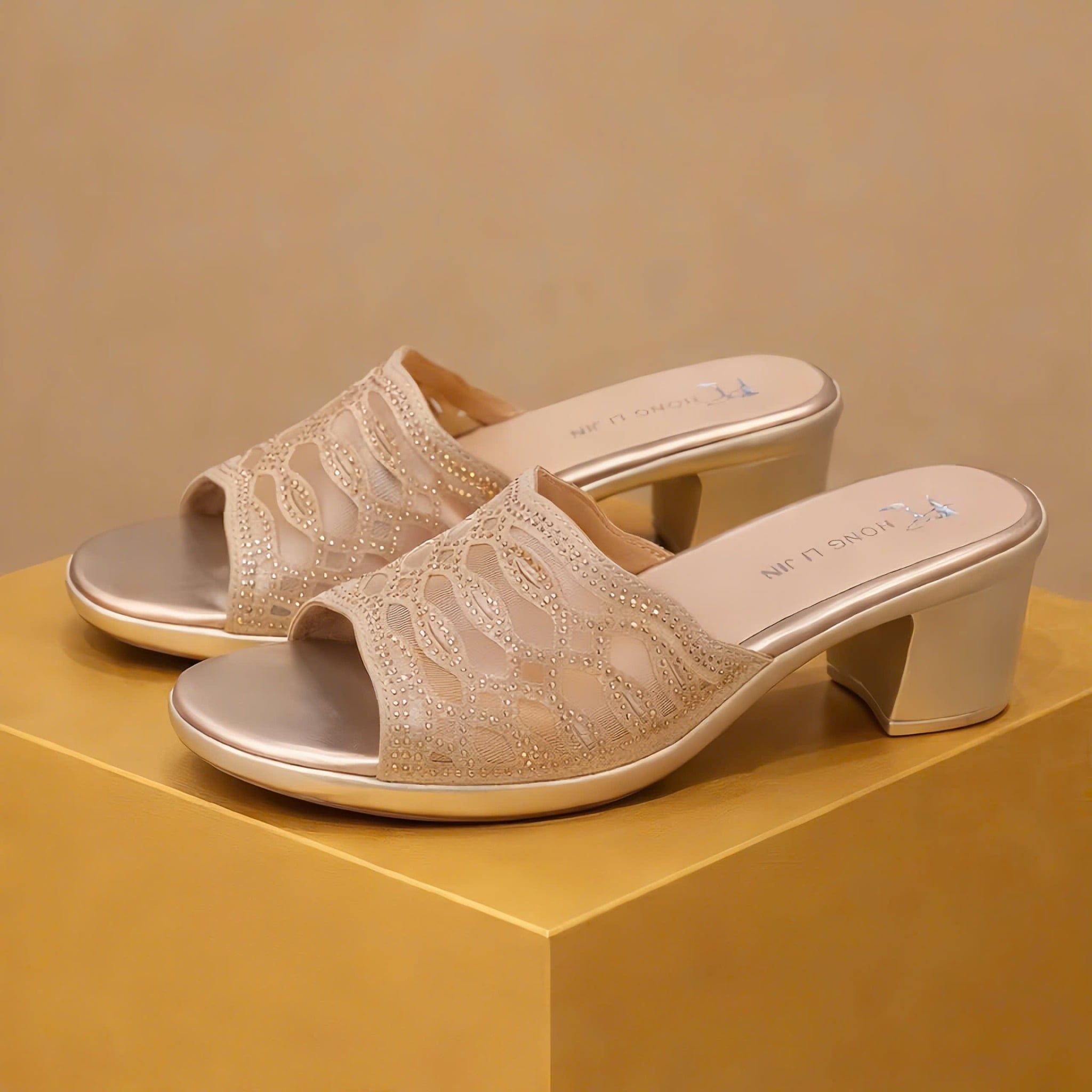  Dép Cao Gót Trung Niên 6 phân Đính Đá Phối Lưới Cao Cấp 2510-7 