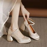  Giày Cao Gót Vuông 7 Phân Da Phối Lụa Satin Cao Cấp 180-3 