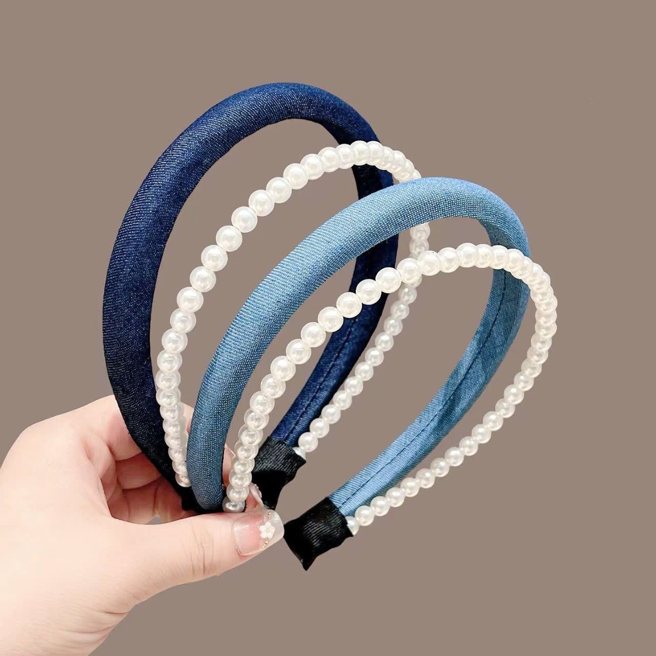  Bờm tóc kép màu denim phối bờm ngọc trai - H-BOM169 