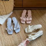  Dép Cao Gót 5 Phân Da Bóng Quai Lụa Phối Nơ 710-2 