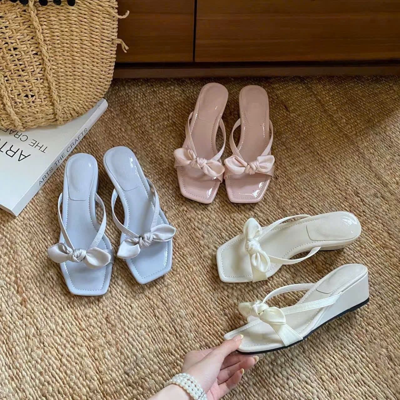  Dép Cao Gót 5 Phân Da Bóng Quai Lụa Phối Nơ 710-2 