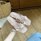  Dép Cao Gót 5 Phân Da Bóng Quai Lụa Phối Nơ 710-2 