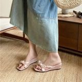  Dép Cao Gót 5 Phân Da Bóng Quai Lụa Phối Nơ 710-2 