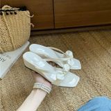  Dép Cao Gót 5 Phân Da Bóng Quai Lụa Phối Nơ 710-2 