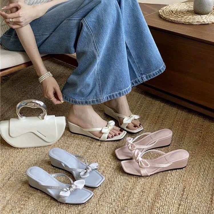  Dép Cao Gót 5 Phân Da Bóng Quai Lụa Phối Nơ 710-2 