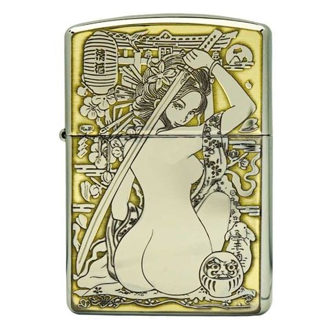 Zippo armor khắc nổi hình Geisha cầm kiếm Katana trắng bóng