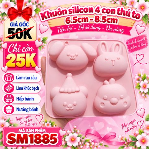 Khuôn silicon 4 con thú to 6,5cm - 8,5cm ( SM1885 ) mẫu 2024