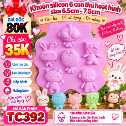 Khuôn silicon 6 con thú hoạt hình doremon kitty thỏ khỉ siêu nhân 7cm ( TC392 ) mẫu 2024