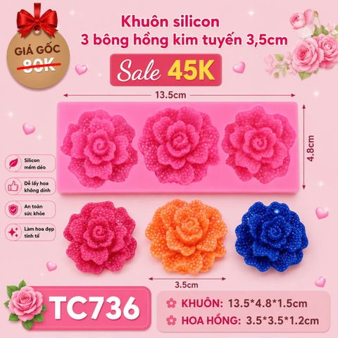 Khuôn rau câu silicon 3 bông hồng kim tuyến 3,5cm ( TC736 )