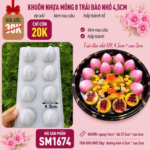 Khuôn nhựa mỏng 8 trái đào nhỏ 4,5cm làm rau câu , bánh tổ (  SM1674 )