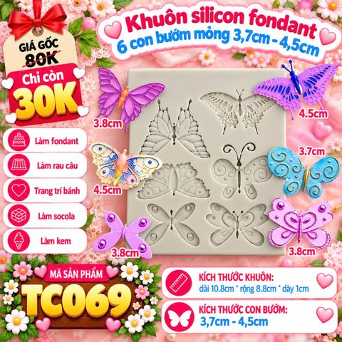 Khuôn silicon fondant  6 con bướm mỏng 3,7cm - 4,5cm ( TC069 )