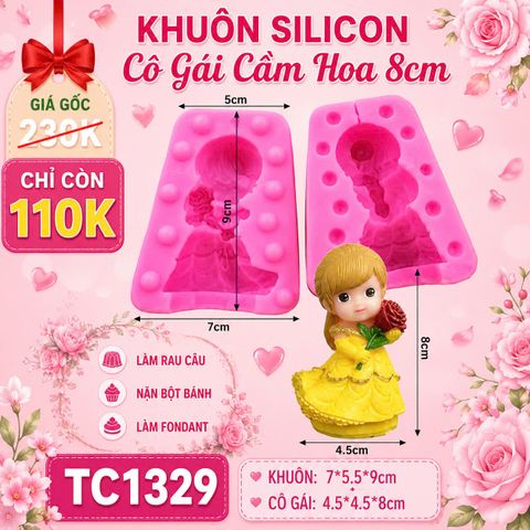 Khuôn silicon cô gái girl cầm cành hồng 3D cao 8cm ( TC1329 )