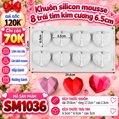 Khuôn silicon mousse 8 trái tim kim cương 6.5cm ( SM1036 ) CÒN NHIỀU