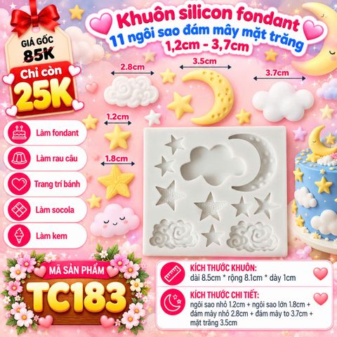 Khuôn silicon fondant 11 ngôi sao đám mây mặt trăng 1,2cm - 3,7cm ( TC183 )