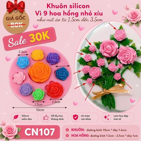 Khuôn silicon 9 hoa hồng nhỏ xíu như nút áo từ 1,7 đến 3,5cm làm fondant ( CN107 )