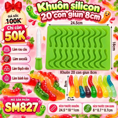 Khuôn silicon làm rau câu 20 con giun 8cm ( SM827 ) CÒN 2 CÁI