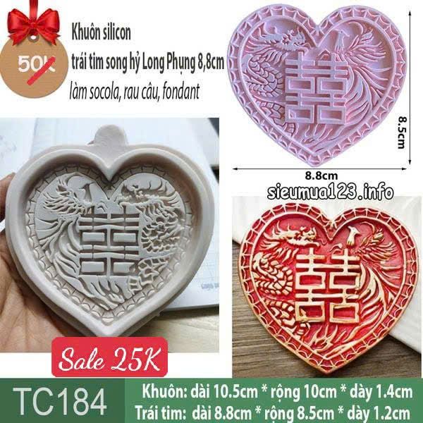 Khuôn silicon trái tim song hỷ Long Phụng 8,8cm mỏng làm fondant ( TC184 )