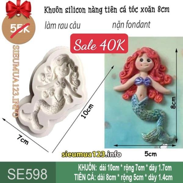 Khuôn silicon nàng tiên cá tóc xoăn 8cm ( SE598 )