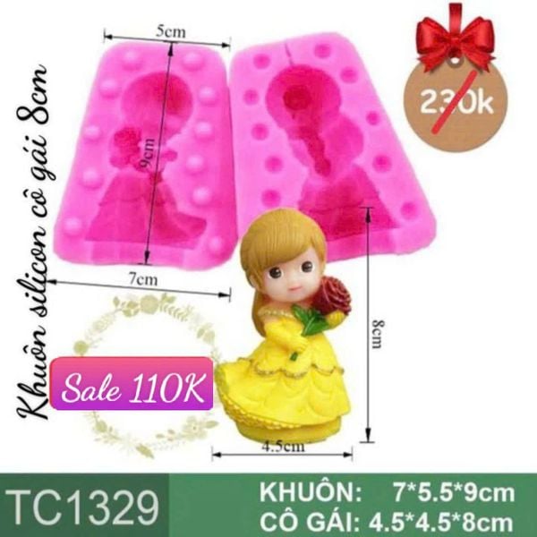 Khuôn silicon cô gái girl cầm cành hồng 3D cao 8cm ( TC1329 )