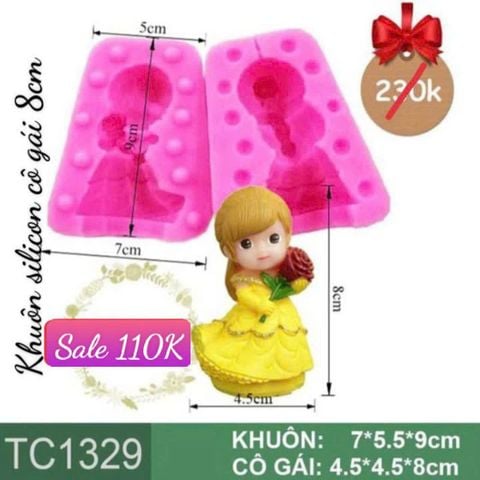Khuôn silicon cô gái girl cầm cành hồng 3D cao 8cm ( TC1329 )